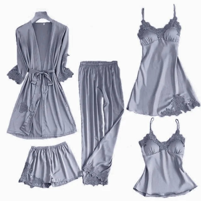 Satin Lace 5 Pieces Pajamas Set