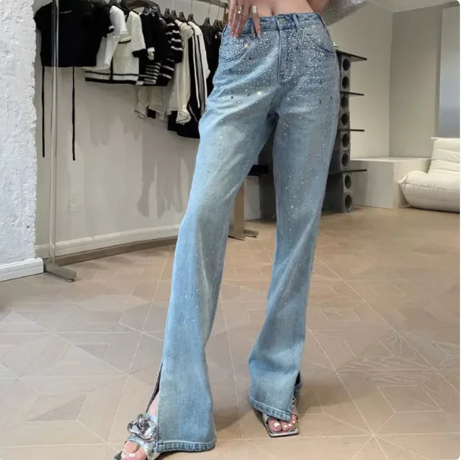 Women's High-Waist Rhinestone Flare Jeans with Side Slit