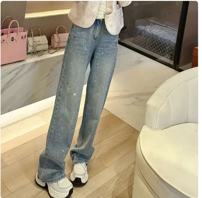 High-Waist Rhinestone Straight-Leg Jeans